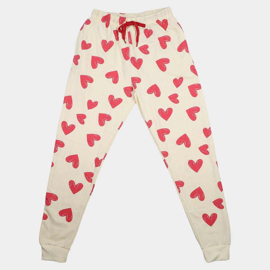 Girls' Cream Jogger Heart Printed Winter Pyjama, ऑफ व्हाइट, large