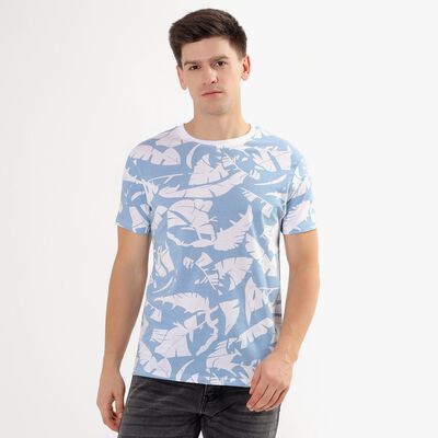 Men's Light Powder Blue Cotton Round Neck T-Shirt