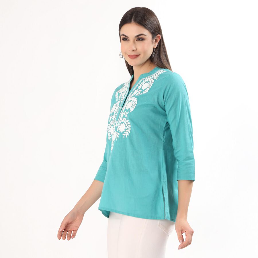 Women's Light Blue Cotton Round Neck Straight Kurti, Light Blue, large