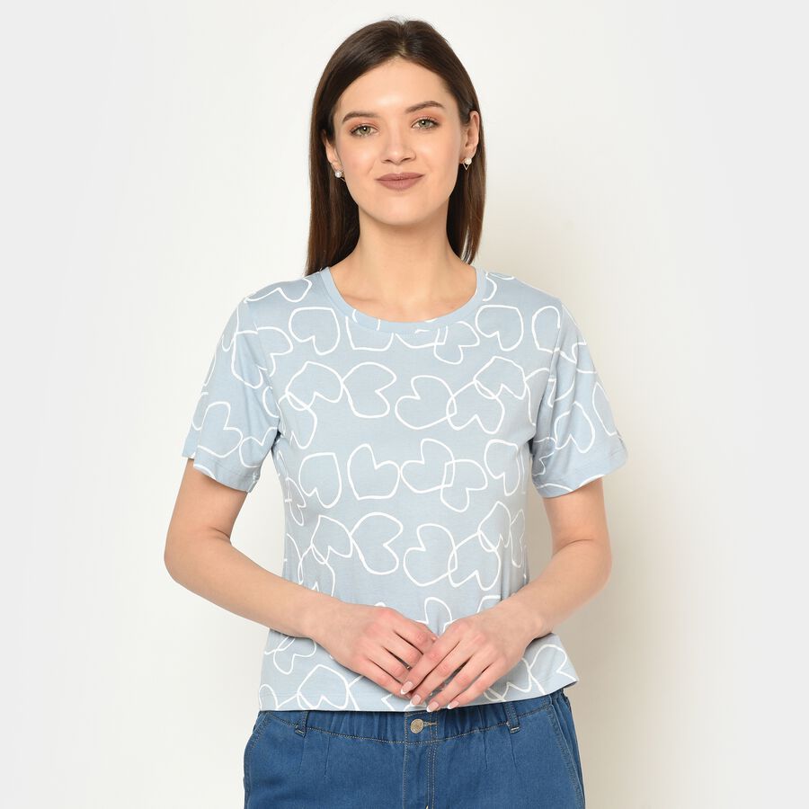 Printed Round Neck T-Shirt, Light Blue, large image number null