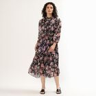 Women's Black Floral Mandarin Collar Midi Dress, Black, small