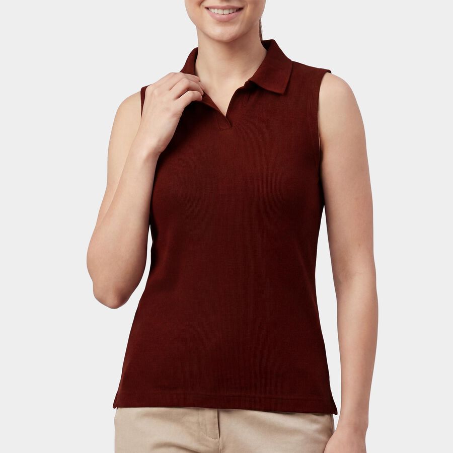 Women's Wine Polo Neck Preppy T-Shirt, Wine, large