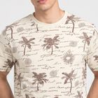 Men's Beige Round Neck Regular Printed T-Shirt, गहरा पीला, small