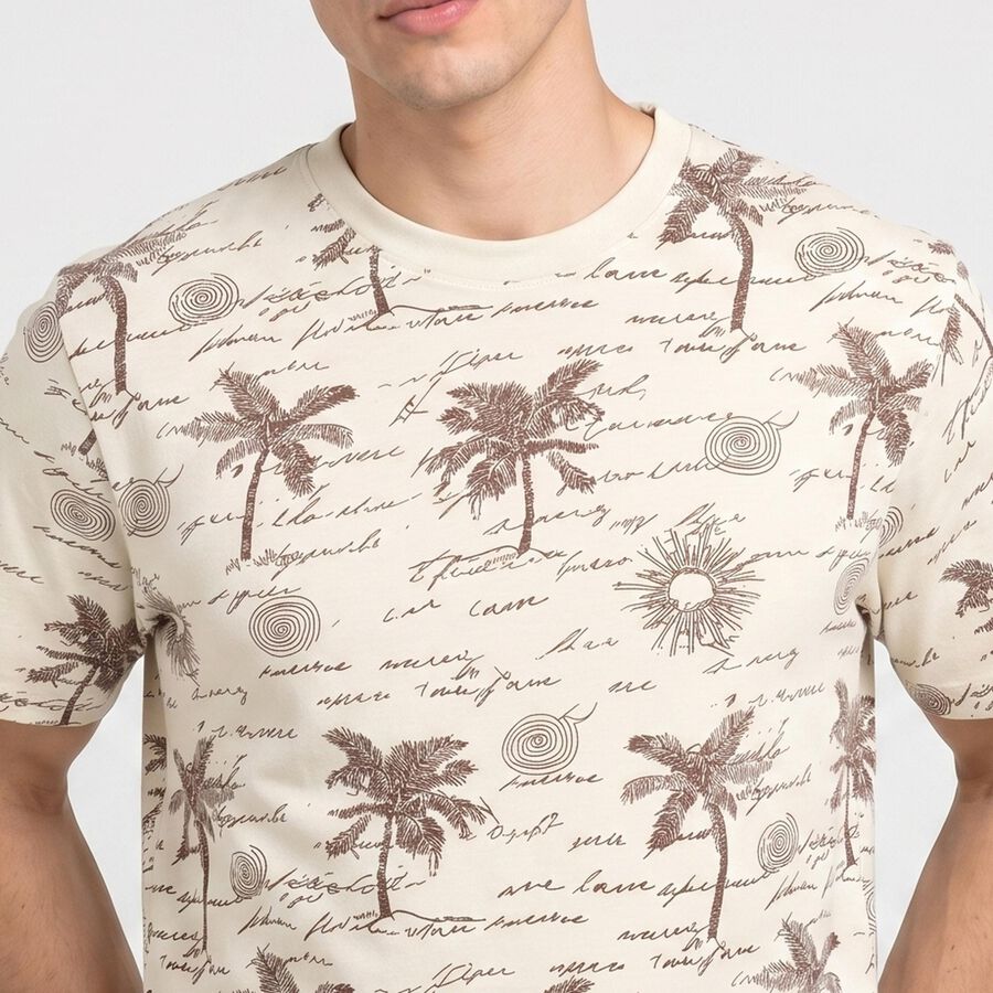 Men's Beige Round Neck Regular Printed T-Shirt, गहरा पीला, large