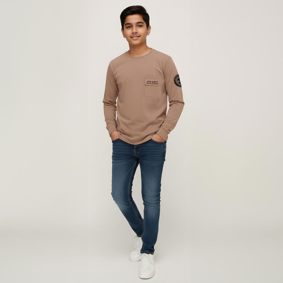 Boys Muted Beige Round Neck Casual T-Shirt, गहरा पीला, large image number null