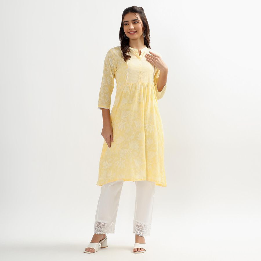 Women's Yellow Round Neck Printed Kurta, पीला, large image number null