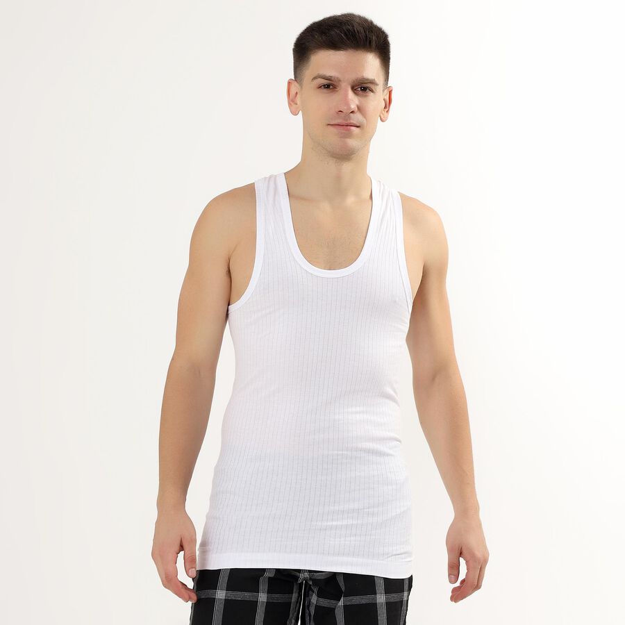Men's Bright White Cotton Deep Neck Sleeveless Vest, White, large image number null