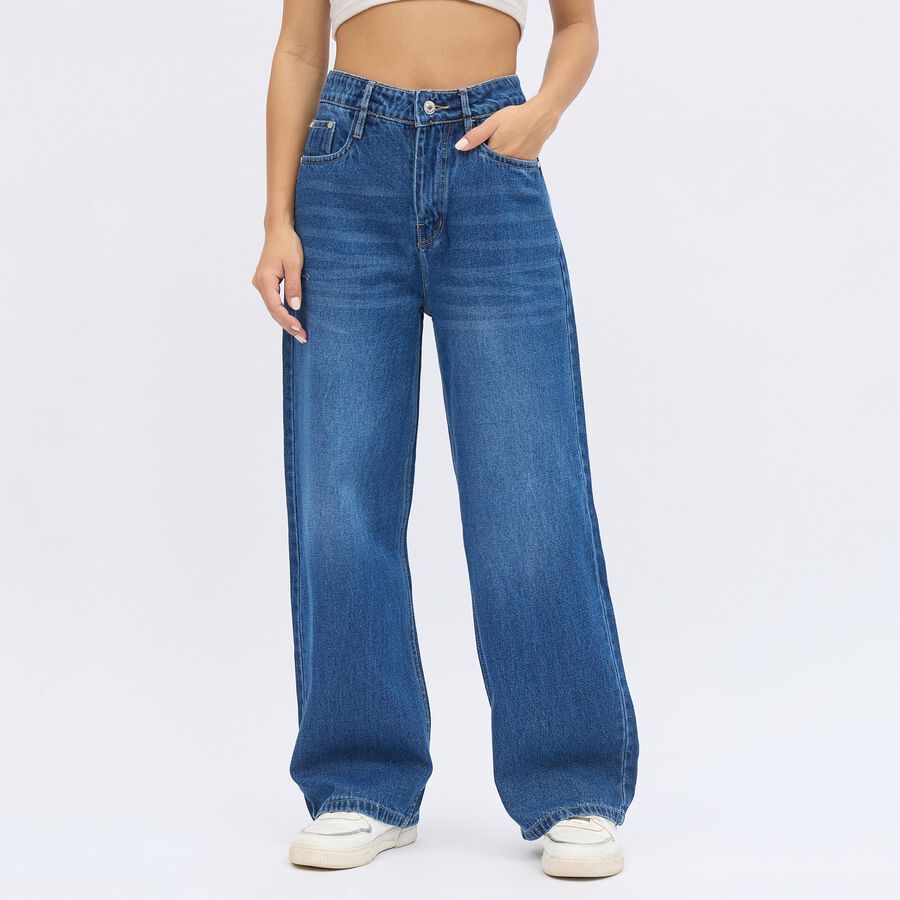 Women's Stonewashed Blue Wide Leg High-Rise Jeans, Mid Blue, large image number null