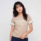 Women Beige Round Neck Regular T-Shirt, गहरा पीला, small