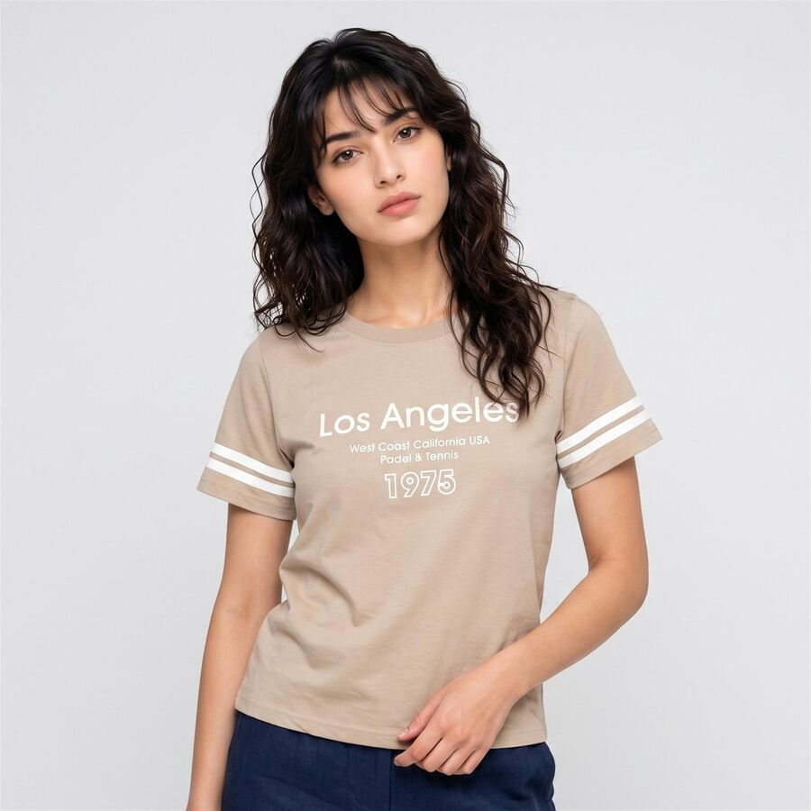 Women Beige Round Neck Regular T-Shirt, गहरा पीला, large