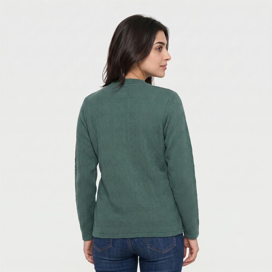 Women Green Round Neck Button-Front Cardigan, Dark Green, large
