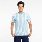 Men's Light Blue Round Neck Striped Regular Drifit T-Shirt, हल्का नीला, small