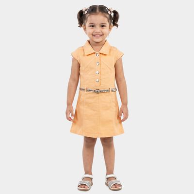 Girls' Peach A-Line Belted Shirt Collar Frock