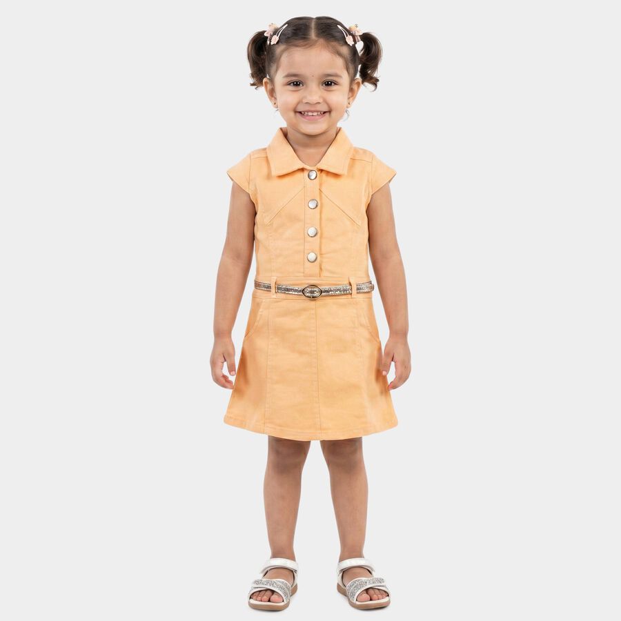 Girls' Peach A-Line Belted Shirt Collar Frock, पीच, large