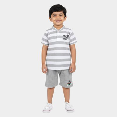 Boys Grey Mandarin Collar Striped Baba Suit