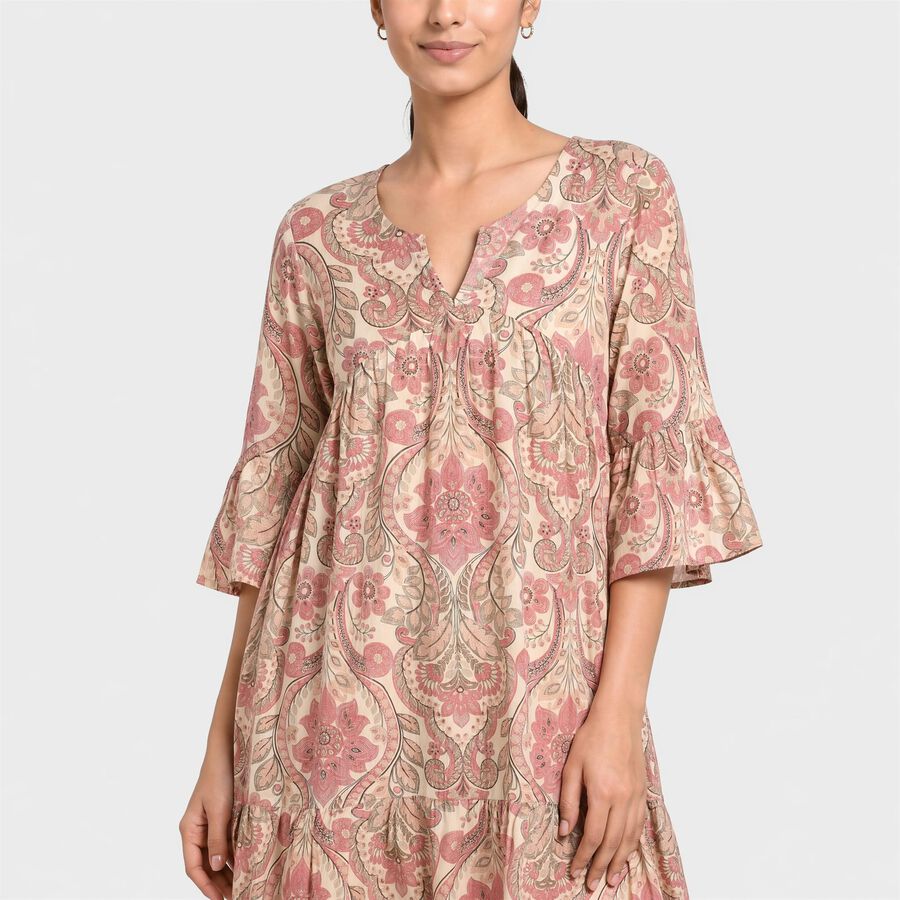 Women's Pink V-Neck Printed Kurti, हल्का गुलाबी, large