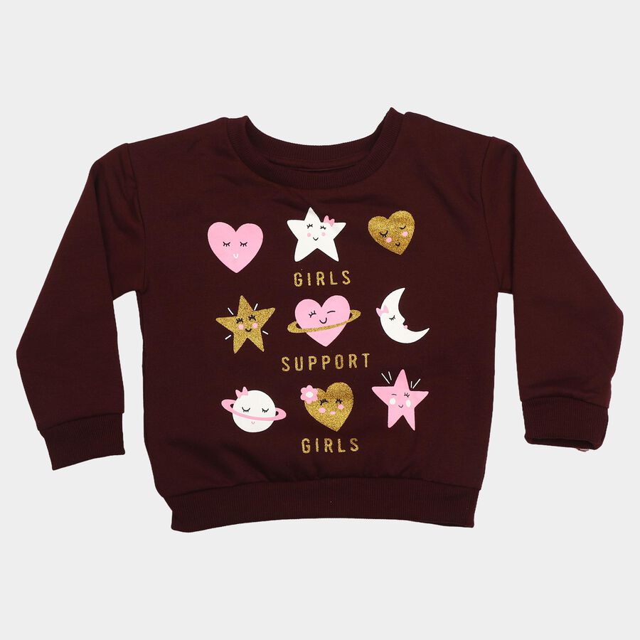 Girls' Wine Round Neck Graphic Print Sweatshirt, Wine, large
