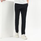 Men's Deep Jet Black Slim Fit Flat-Front Casual Trousers, नेवी ब्लू, small