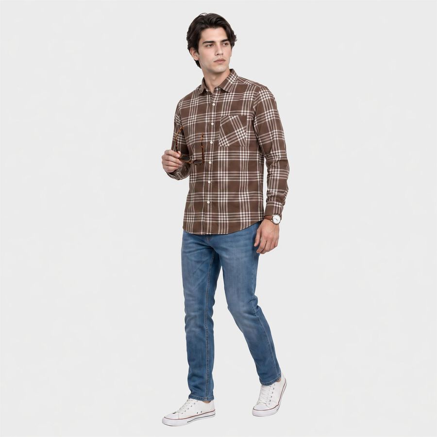 Men's Brown Cotton Casual Shirt, भूरा, large