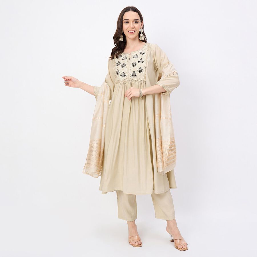 Women's Soft Creamy Beige Embroidered Ethnic Set, Beige, large