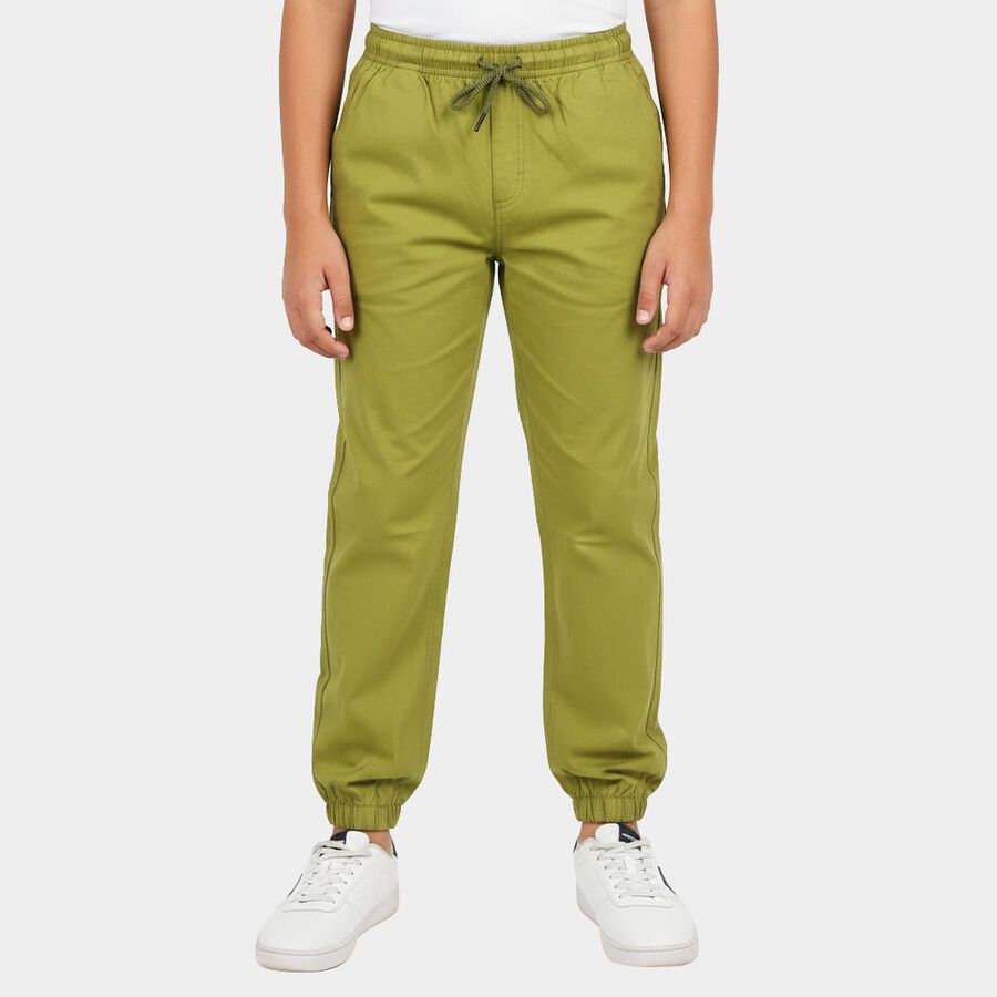 Boys Olive Green Regular Fit Solid Trousers, ओलिव, large