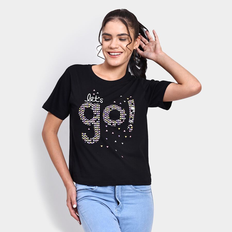 Ladies' 100% Cotton Round Neck T-Shirt , काला, large image number null