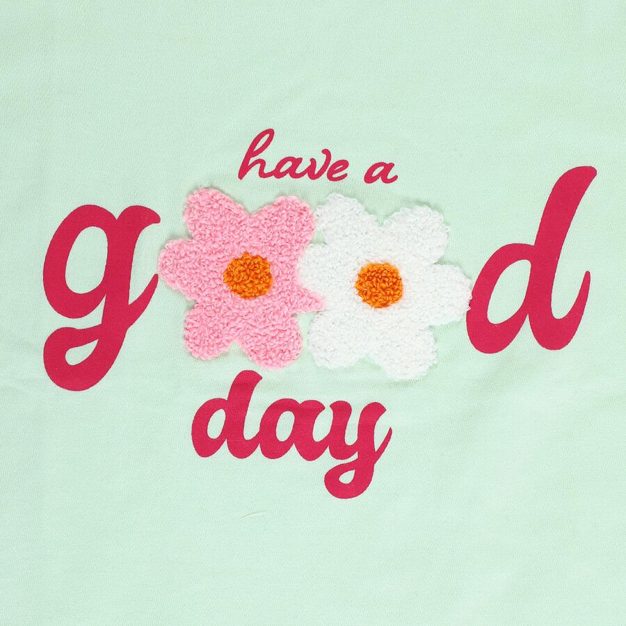 Girls' Light Green Cotton Round Neck Graphic T-Shirt, हल्का हरा, large