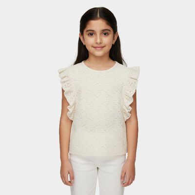 Girls' Off-White Round Neck Casual T-Shirt