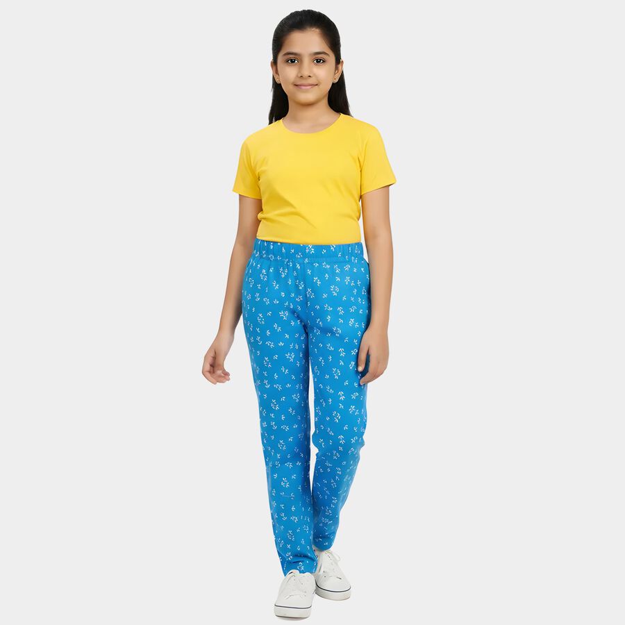 Girls Blue Regular Fit Printed Lounge Pyjama, Mid Blue, large