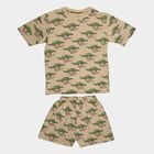 Boys Beige Cotton Round Neck Dinosaur Printed Night Suit, Beige, small