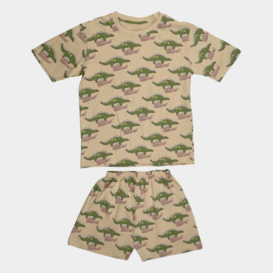 Boys Beige Cotton Round Neck Dinosaur Printed Night Suit, Beige, large