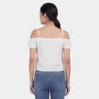 Women's White Round Neck Floral Ruffle Top, White, small