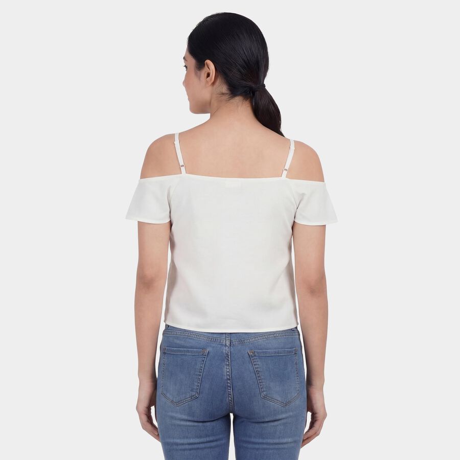 Women's White Round Neck Floral Ruffle Top, White, large