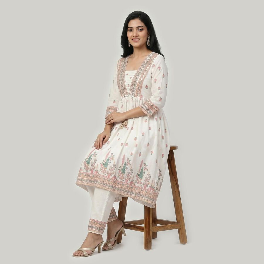 Women's White V-Neck Printed Flared Kurta, Off White, large