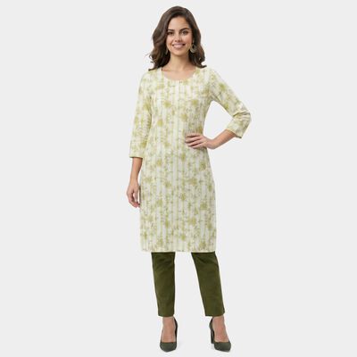 Women's Light Green Round Neck Floral Printed Kurta