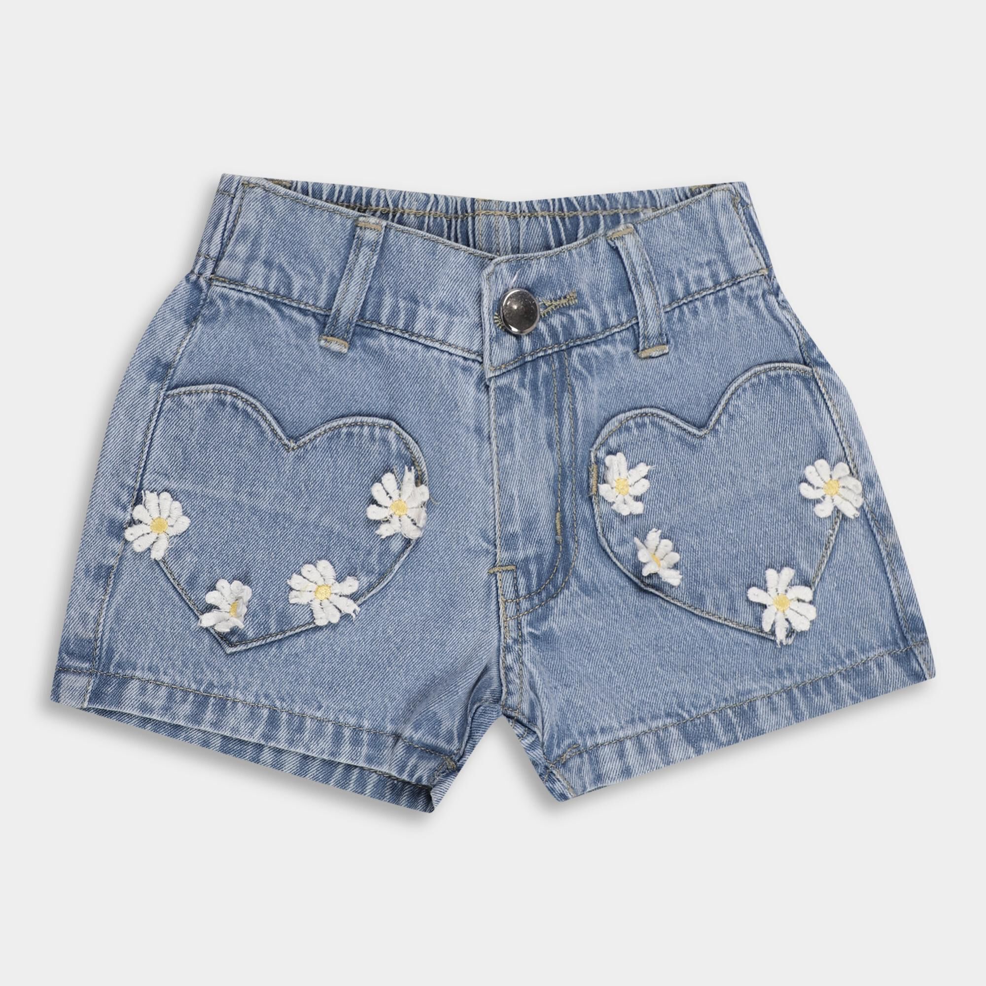 Hand Print Girls' Light Blue Heart Pocket Denim Shorts | Vishal