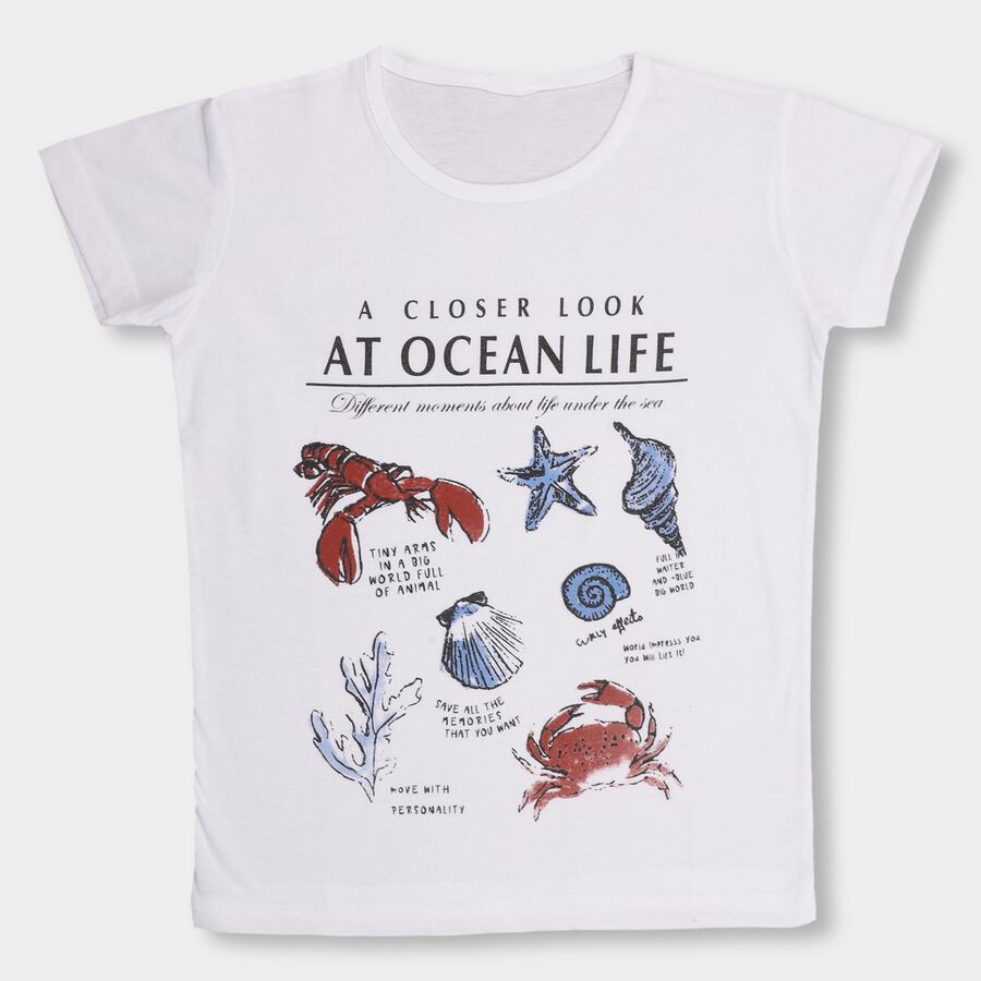 Ocean Life Theme Girls' T-Shirt, White, large image number null