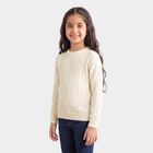 Girls Cream Crew Neck Cable Knit Pullover, ऑफ व्हाइट, small
