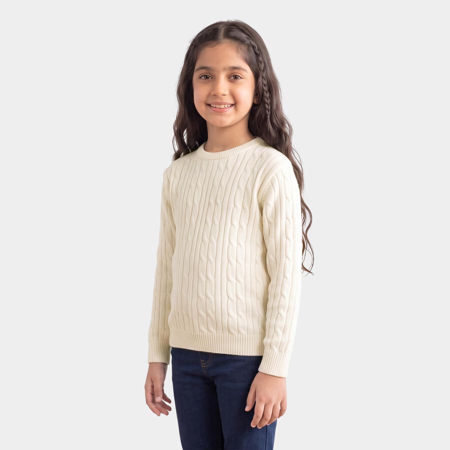 Girls Cream Crew Neck Cable Knit Pullover, ऑफ व्हाइट, large