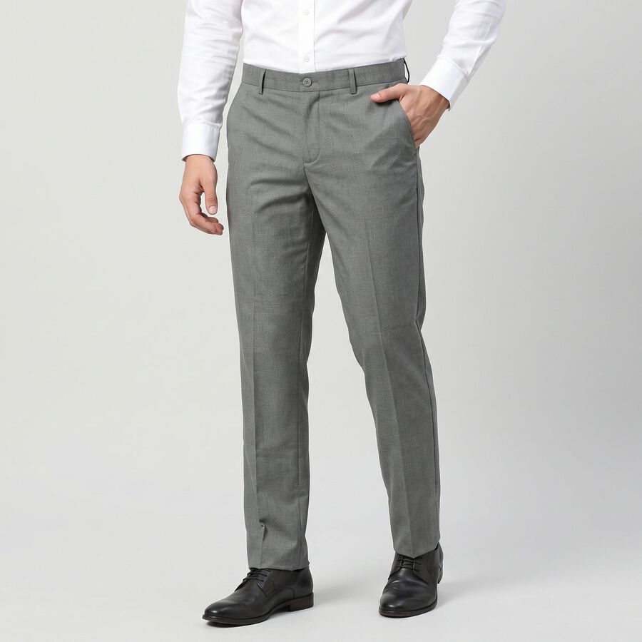 Men's Grey Slim Fit Flat-Front Formal Trousers, हल्का ग्रे, large