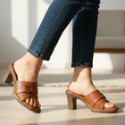 Women's Tan Slip-On Block Heel Sandals, Tan, small