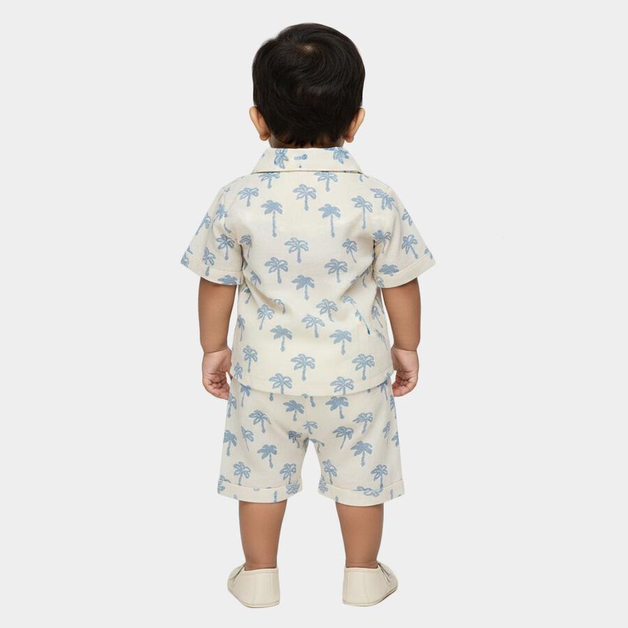 Infants' Off-White Cotton Collared Palm Tree Printed Baba Suit, Off White, large