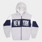 Boys' Light Grey and Navy Blue Hooded Graphic Sweatshirt, एक्रू मिश्रित, small image number null