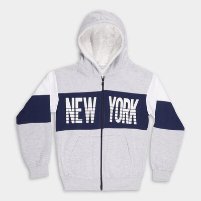 Boys' Light Grey and Navy Blue Hooded Graphic Sweatshirt