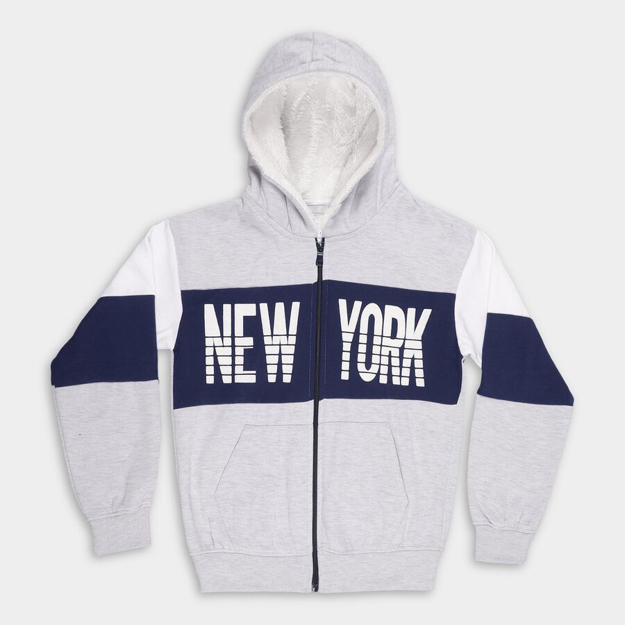 Boys' Light Grey and Navy Blue Hooded Graphic Sweatshirt, एक्रू मिश्रित, large image number null