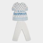Girls' Bright White Cotton Embroidered Kurta and Pant Fusion Set, Light Blue, small image number null