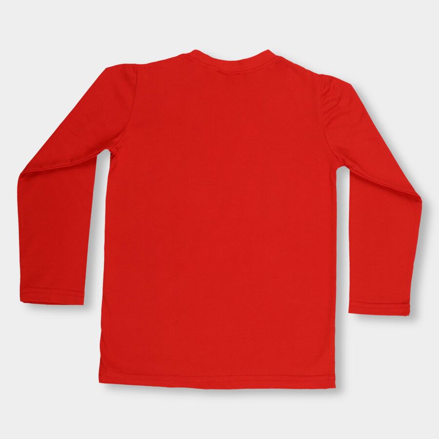 Boys' Bright Cherry Red Cotton Blend Round Neck Casual T-Shirt, लाल, large image number null