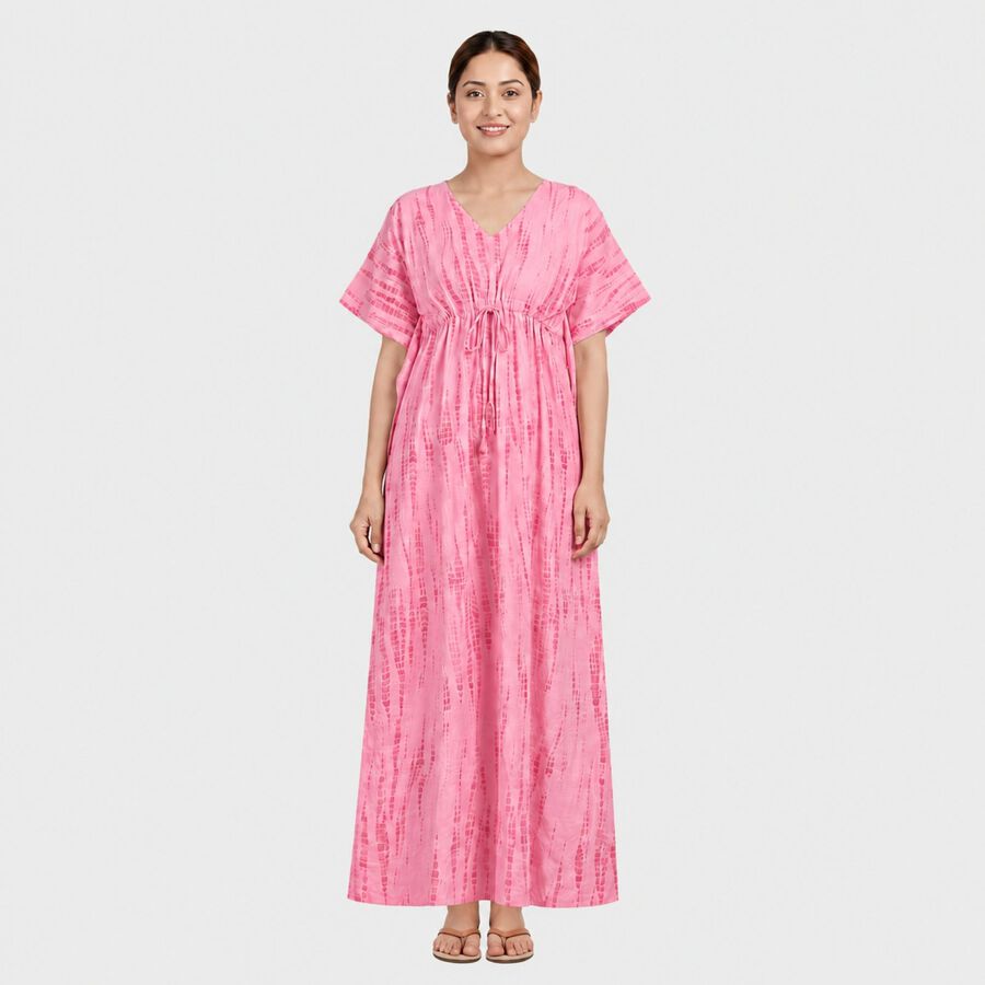 Women's Pink V-Neck Tie-Dye Kaftan Nighty, Light Pink, large