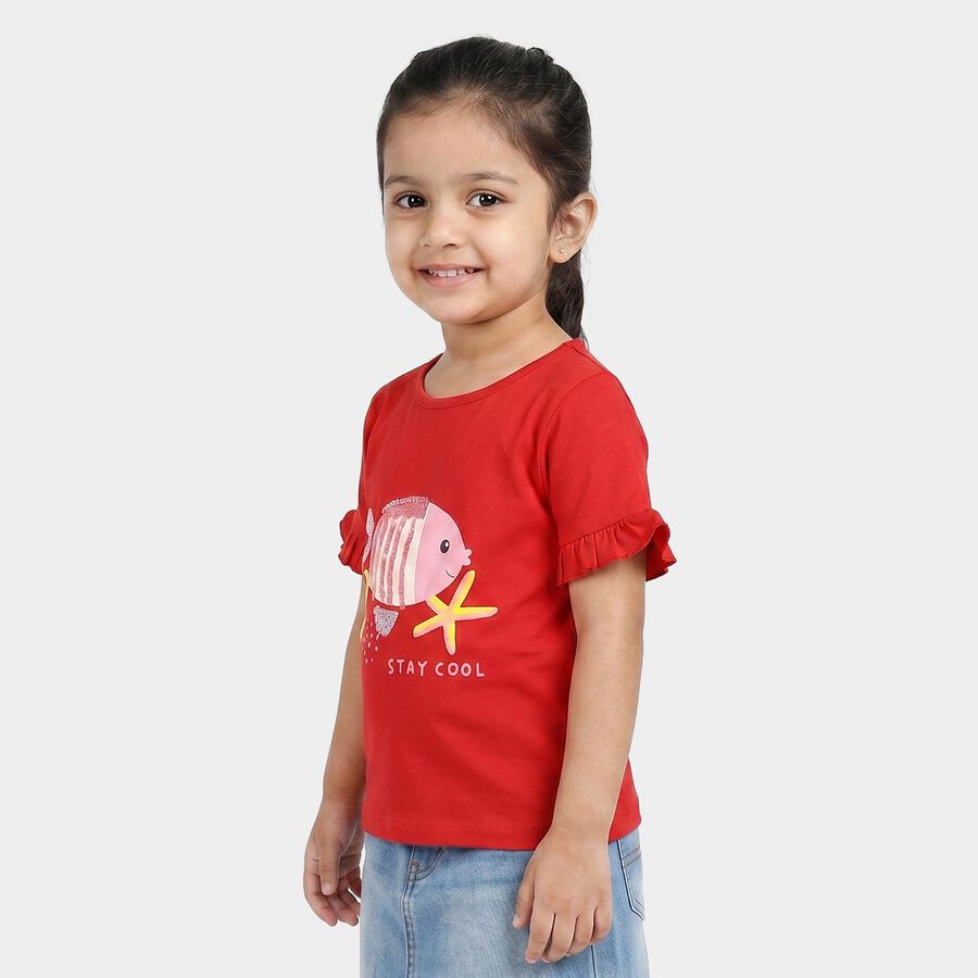 Girls Red Cotton Round Neck Regular T-Shirt, Red, large