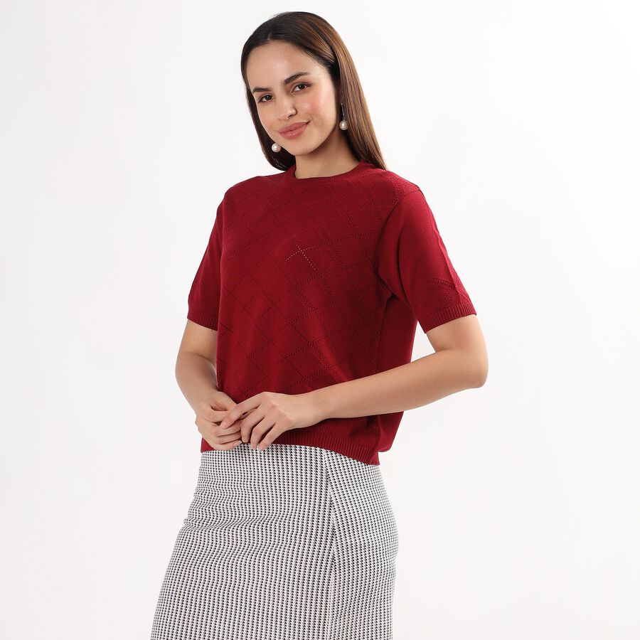 Women's Wine Red Crew Neck Casual Top, वाइन, large
